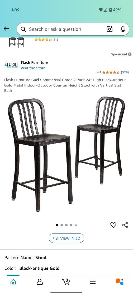 New, 24" High Black-Antique Gold Metal Indoor-Outdoor Counter Height Stool