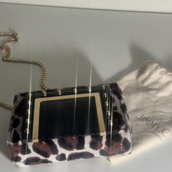 Jimmy Choo Alba Leopard Print Calf Hair Mini Shoulder Bag Black Snakeskin Panel Gold Chain Strap Studs Dust Bag