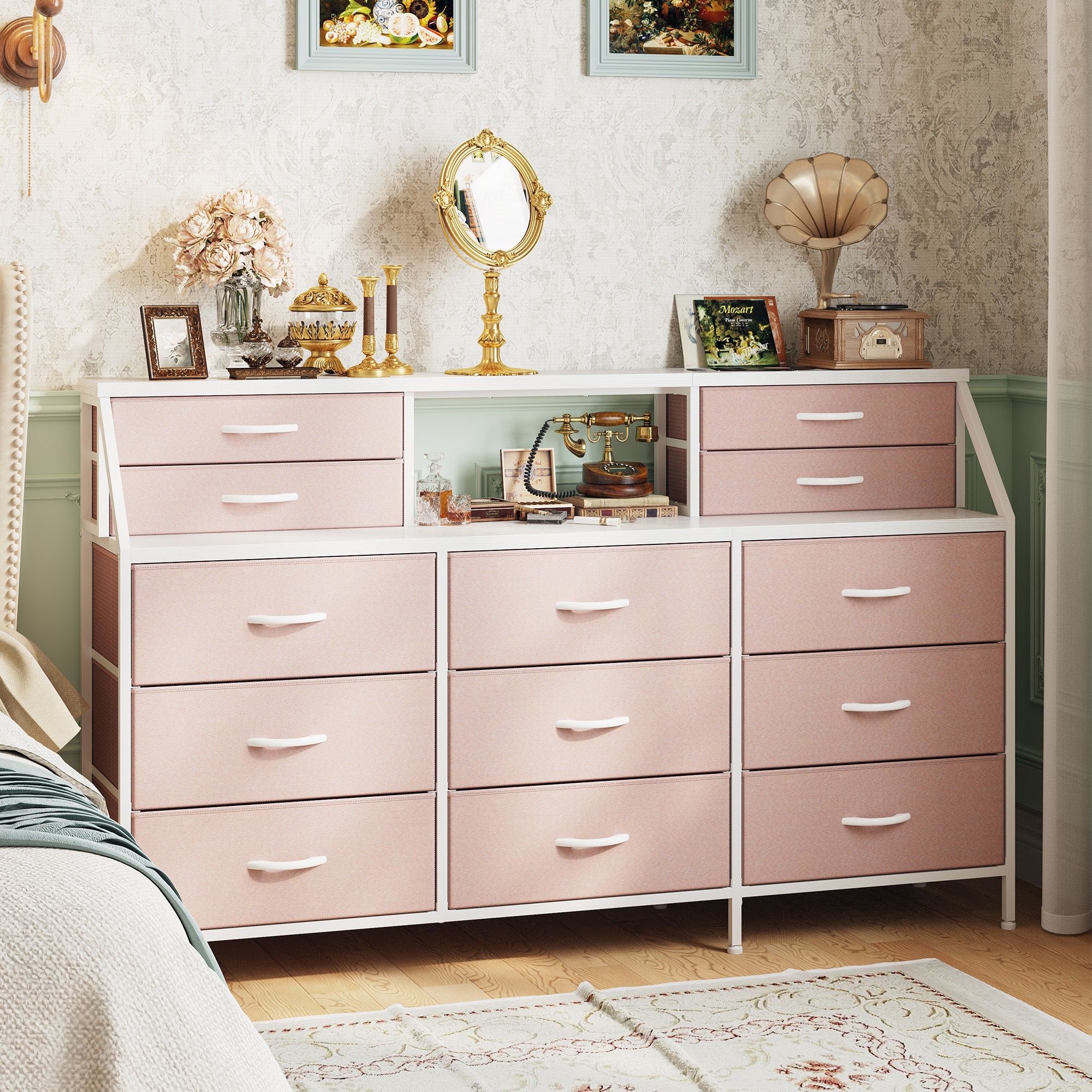 Girls Dresser Organizer: 55"W Dresser With 13 Fabric Drawers And 2 Open Shelves, Metal Frame & Wooden Top For Bedroom/Closet - Pink