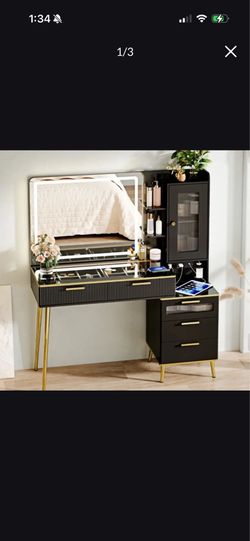 Black glass vanity w/ gold accents