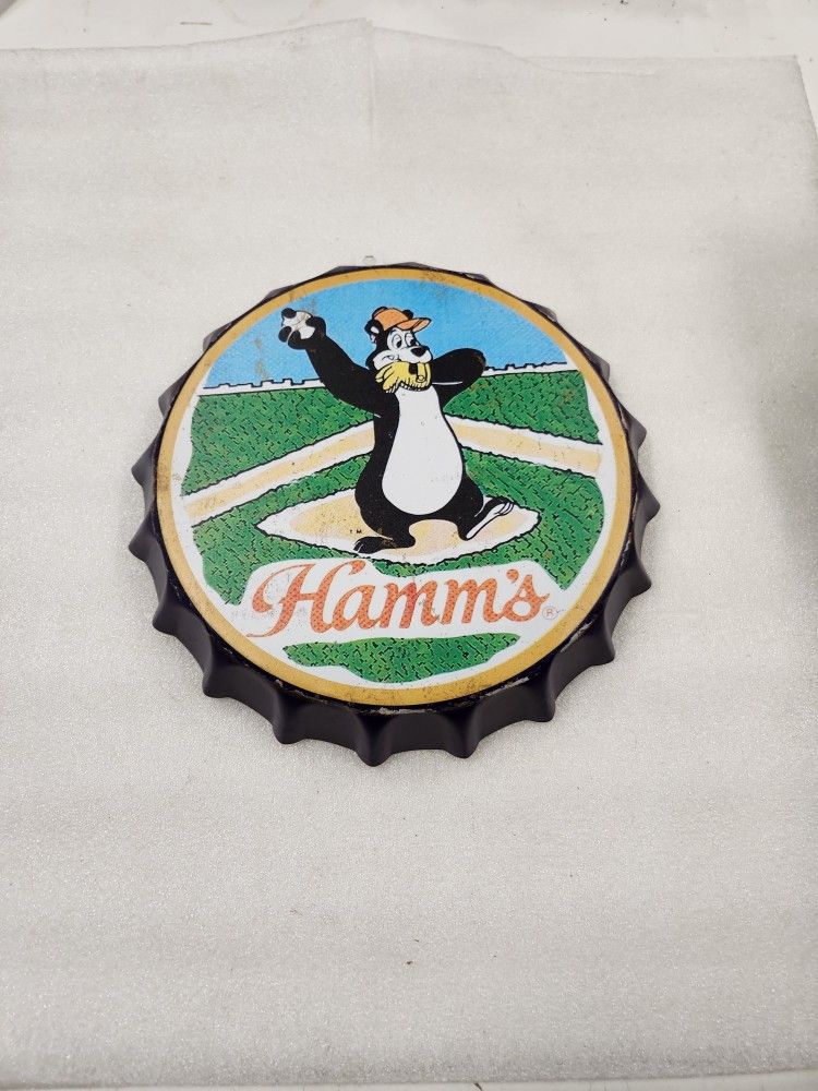 Hamms Beer Bear Playing Baseball Bottle Cap Metal Sign