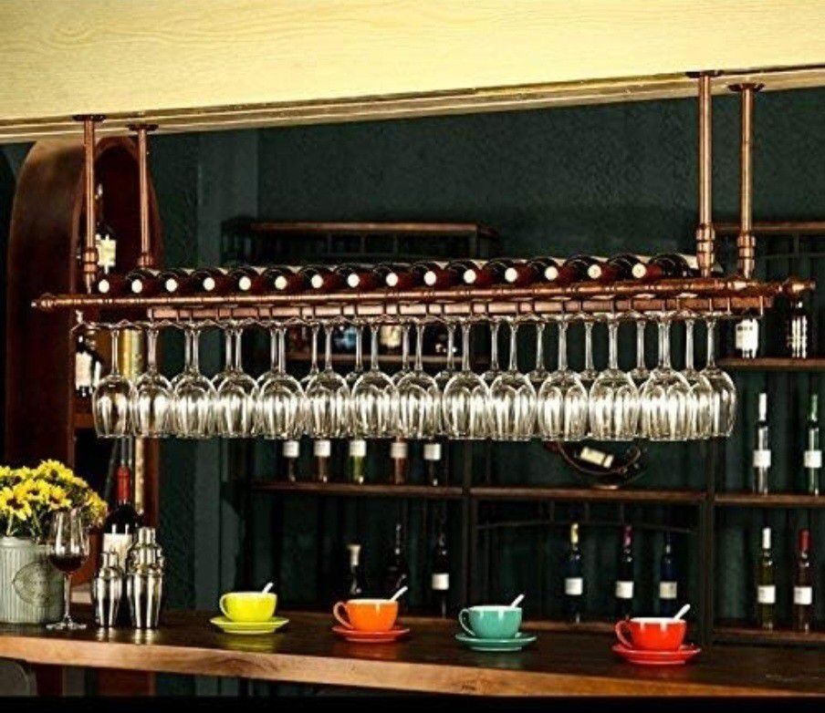 WGX Design For You Wine Bar Wall Rack 60'' Hanging Bar Glass Rack&Hanging Bottle Holder Adjustable(Bronze)
