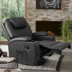 Brand new Swivel Recliner with Massage Functions, Sofa with Remote Control and Two Cup Holders, Suitable for Living Room, PU Leather, Dark Black   New