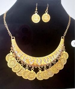 Boho Cubic Zirconia Coin Jewelry Set Necklace and Earrings