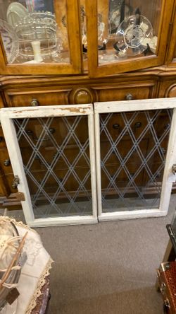 Pair vintage leaded glass windows framed w/orig hardware