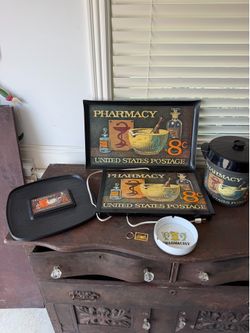 Rx Pharmacy-Set- Ice Bucket, Ashtray, Key Chain, Two Serving & A Warming Tray