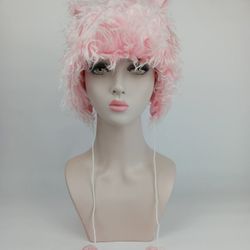 Halloween Costume Hat Pink Fox Ears With Hanging Fur Balls 