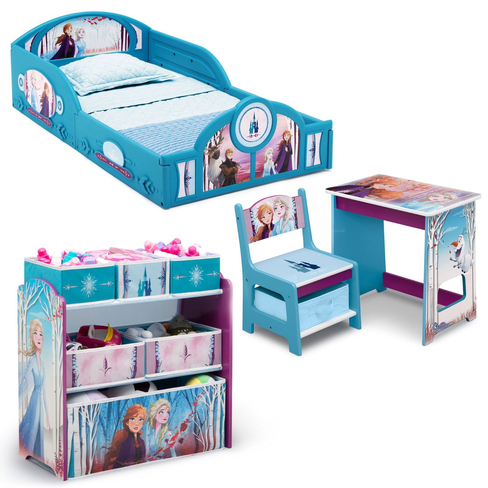 New Disney Frozen II 4-Piece Room-in-a-Box Bedroom Set by Delta Children - Includes Sleep & Play Toddler Bed, 6 Bin Design & Store Toy Organizer and D
