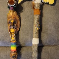 Vintage Peace Pipe & Hatchet Decorative Wall Hanging With Native American Warrior And Stones Resin