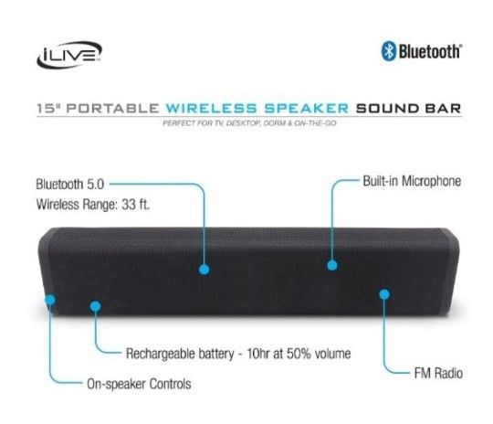 iLive 15" Portable Wireless Speaker Sound Bar Brand New