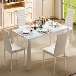 Gizoon 5 Piece Glass Dining Table Set, Kitchen Table and Chairs for 4, PU Leather Modern Dining Room Sets for Home, Kitchen, Dining Room Color White. 