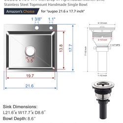 Brand New 21.6 x 17.7 inch Drop-in Tight Radius Kitchen Sink, Stainless Steel Topmount Handmade Single Bowl