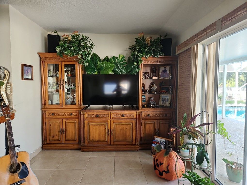 Solid Wood TV Cabinet With Side Cabinets