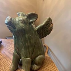 When pigs fly sculpture - crackled glazed pottery / pig with wings - 10.5" tall