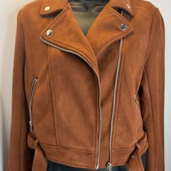 Forever 21 Faux Suede Moto Jacket Brown Rust Women’s Size S Belted Biker Style