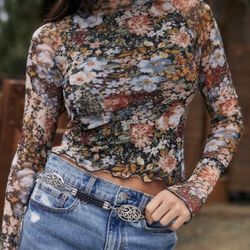 Floral Semi- Sheer Mesh Long Sleeve Knit Top 