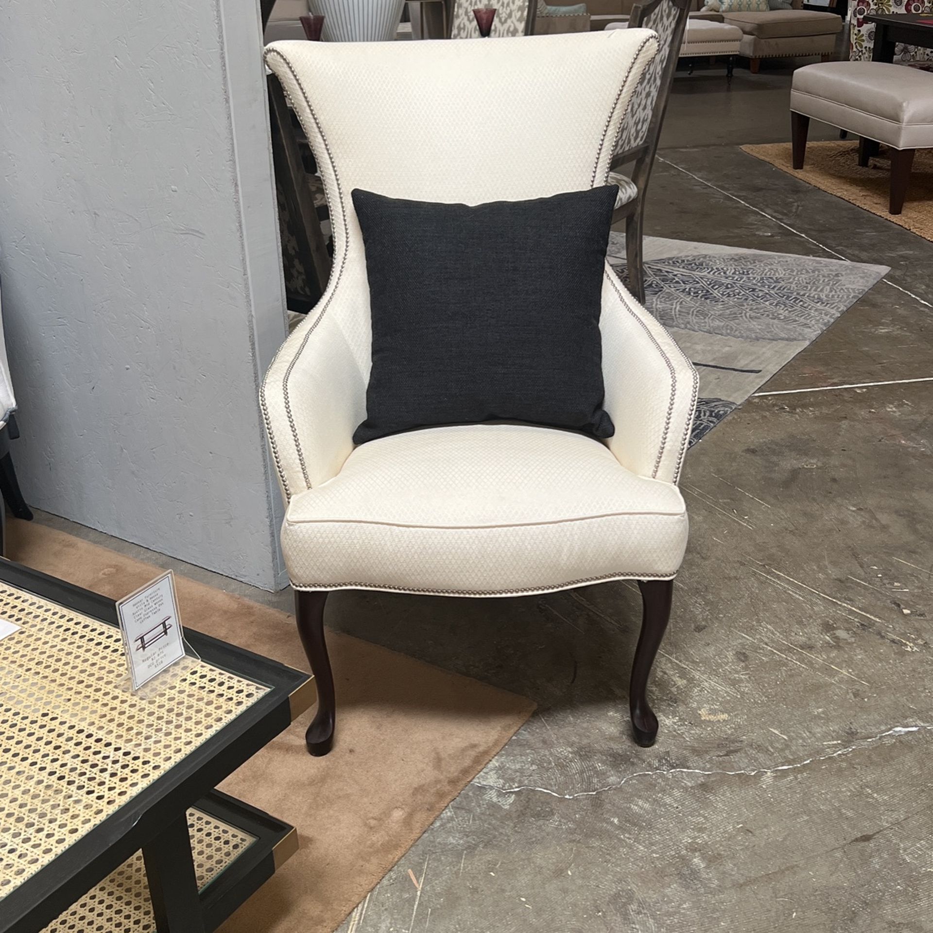 Ivory Studded Wingback Accent Chair with Nailhead Trim – Elegant Transitional Seating