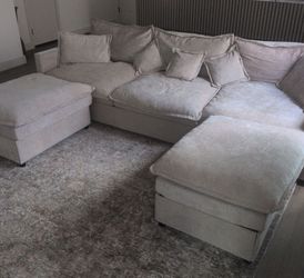 Large Beige Fabric Sectional Sofa with Ottoman