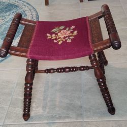 Antique Needlepoint Seat Solid Wood Furniture w/ Spool Legs & Beautiful Patina
