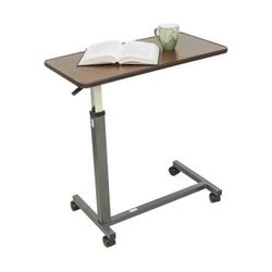 Height Adjustable Overbed Table with Wood Grain Top and Locking Wheels