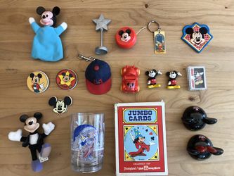 Vintage Disney Mickey Mouse Collectibles - pins, keychains, kitchenware, cards, toys, figures