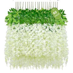 60 Pack White Wisteria Hanging Flowers, Fake Hanging Flowers for Decoration, Artificial Hanging Flowers Vines for Bedroom, Flower Garland for Home, Pa