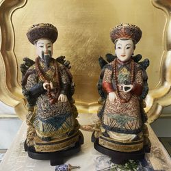 Vintage 9” H Hand-Carved and Painted Chinese Emperor and Empress Imperial Nobility Figurines on Wood Bases