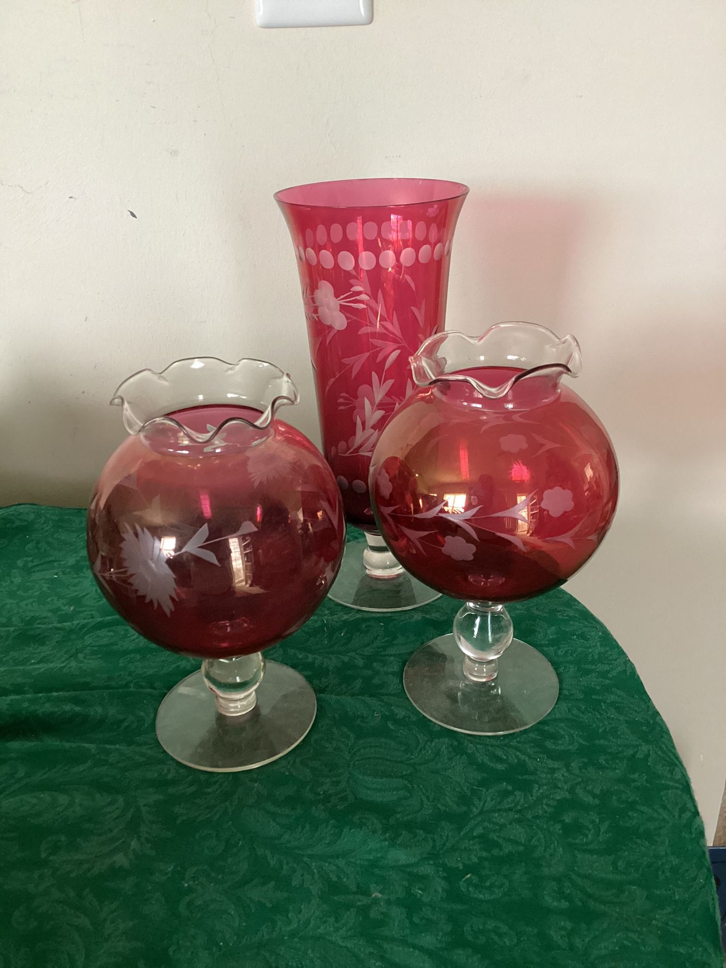 3  Fabulous Vintage Cranberry Glass Vases With Etched Flowers & Ruffled Edges