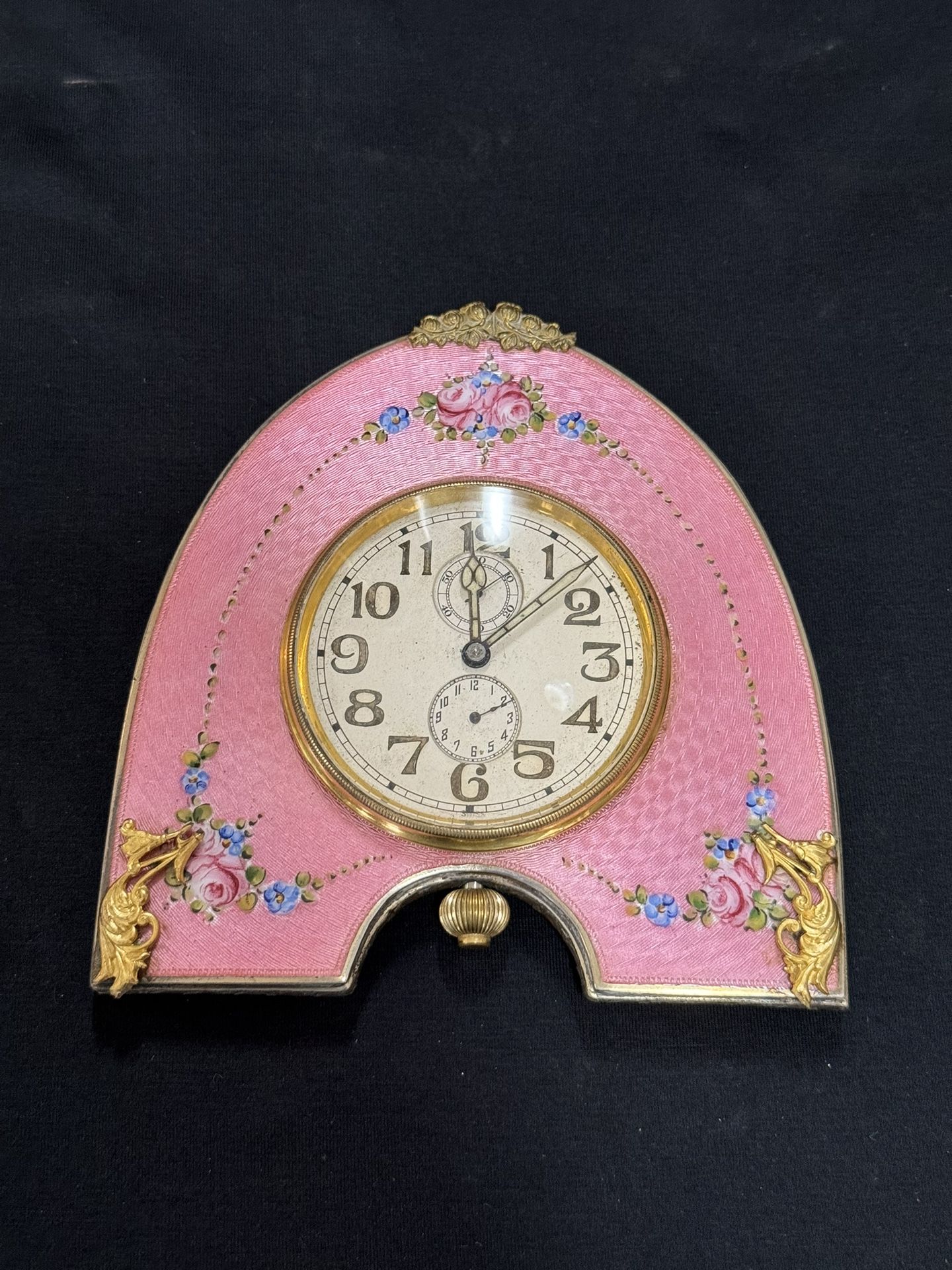 Antique French Pink Enamel Sterling Guilloche Clock w/Flowers & Gold Trim