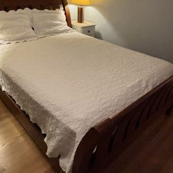 Wood Queen Size Sleigh Bed Frame w/Slats Cherry Color