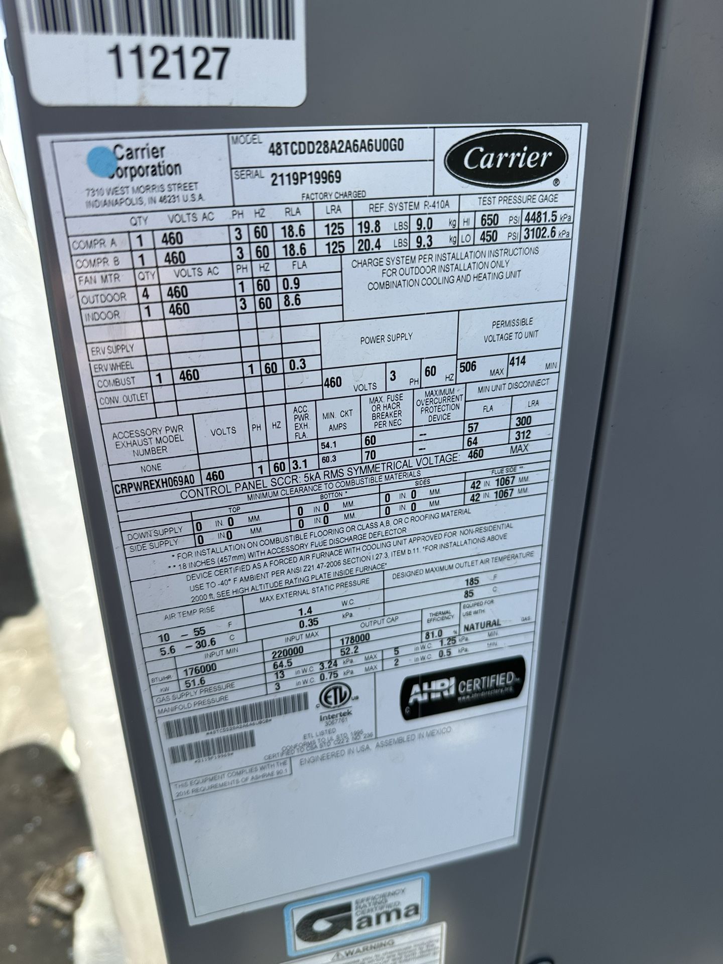 25 Ton Carrier Package Unit Gas Electric 460v-3ph With Built In Economizer M#48TCDD28A2A6A6U0G0