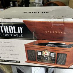 Victrola's 7-in-1 Sherwood Bluetooth Recordable Record Player with 3-Speed Turntable, CD, Cassette Player and FM Radio