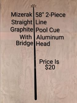Mizerak 58" 2-Piece Straight Line Graphite Pool Cue With Aluminum  Bridge Head In Brand New Excellent Condition