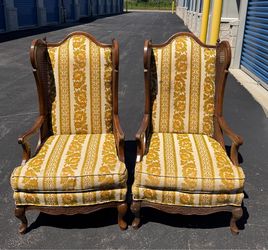 Vintage Pair of Wingback Armchairs with Cane Sides – Mid Century Traditional Lounge Chairs