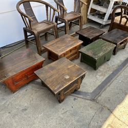 Antique (?) Asian Furniture, Chairs, Side Tables 