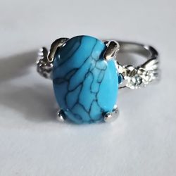 TITANIUM FOREVER WEAR SILVER OCEAN BLUE NEW SIZE  5 POLISHED CABECHON RING