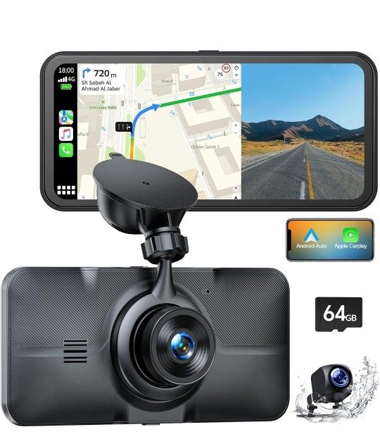 4KDash Cam Wi-Fi Car Camera with 6.25 Inch Apple CarPlay Drive Screen, Dual Dashcam for Car with G-Sensor, Loop Recording, Bluetooth Car Stereo and 64