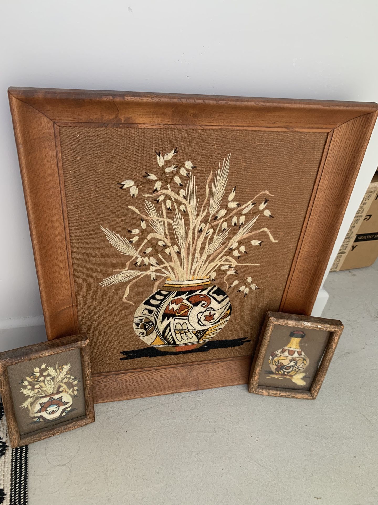Vintage Crewel Framed Native American Pottery Vase Fiber Art