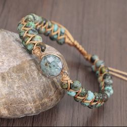 African Turquoise Bracelet Gemstone Beaded Wrap Bracelet 