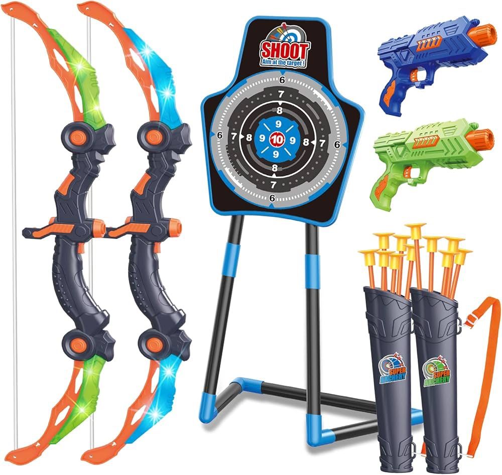SpringFlower 2 Bow and Arrow Sets with LED Light-up,2 Foam Dart Guns for Kids 5 6 7 8 9 10+ Years Old, Archery Set with Standing Target for Boys & Gir