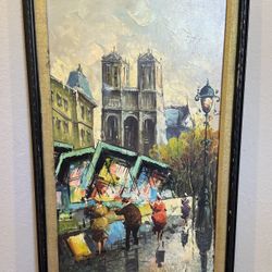 Vintage MCM Parisian Market Scene Cityscape Oil Painting Seine River by Bonnet