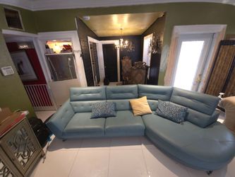 Teal Leather Sectional Sofa with Chaise