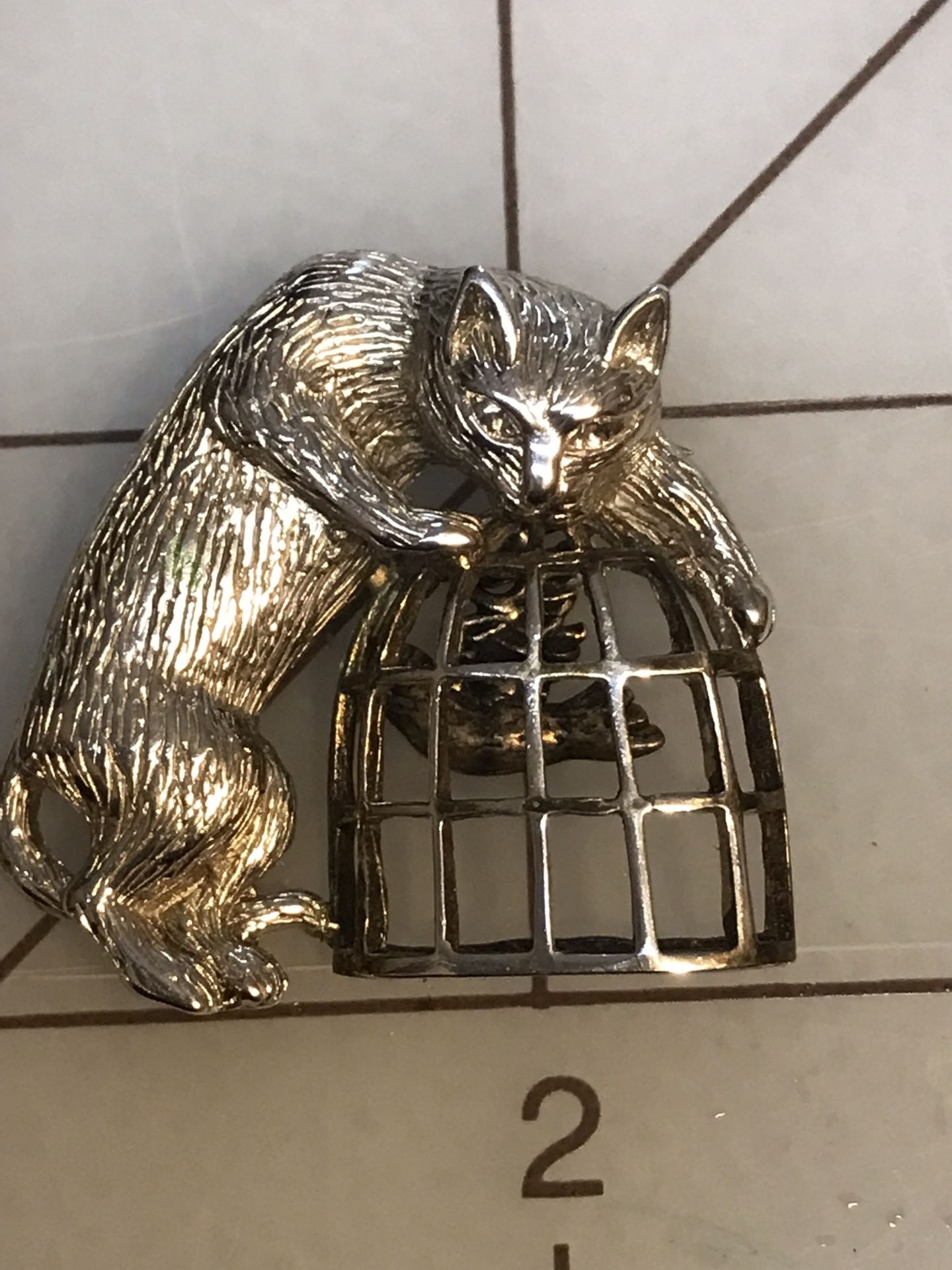 Sterling Silver Lapel Cat On Rocking Bird Cage,
