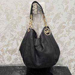 14x11x5 Leather Michael Kors Gulton Hand Bag Black  PURSE Gold Details