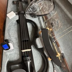 4/4 Black Electric Violin with New Bow, Digital Tuner, Shoulder Rest, Extra Strings, Cable, Headset, Rosin, Case $180 Firm