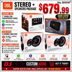 JBL Legend 700 7" Double Din Stereo Wireless Apple Carplay Android Auto 4 Channel Club A754 Amplifier 2 Sets Car Speakers Stage 3 627F 6 1/2" & 9637F