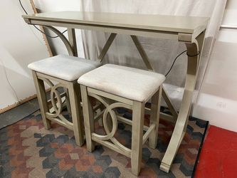 Weathered Grey Desk/Bar Table w/ Stools & USB port (Set of 3)