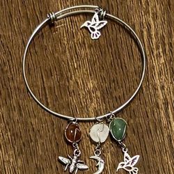 Expandable Silver Bracelet with Wire Wrapped Polished Stones and Silver Accent Charms Bee Moon Bird 