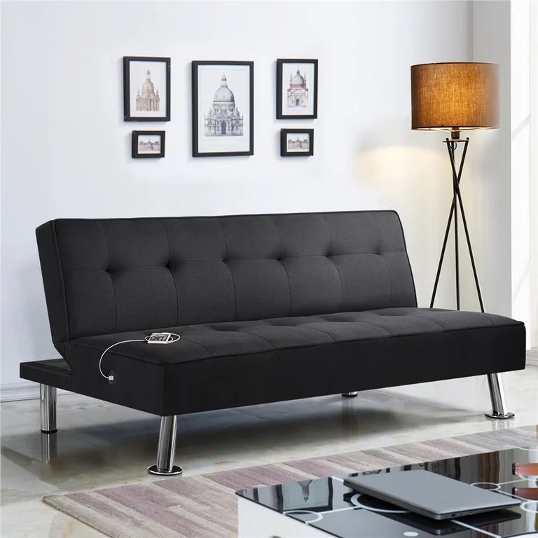 Modern Fabric Convertible Futon with USB Black