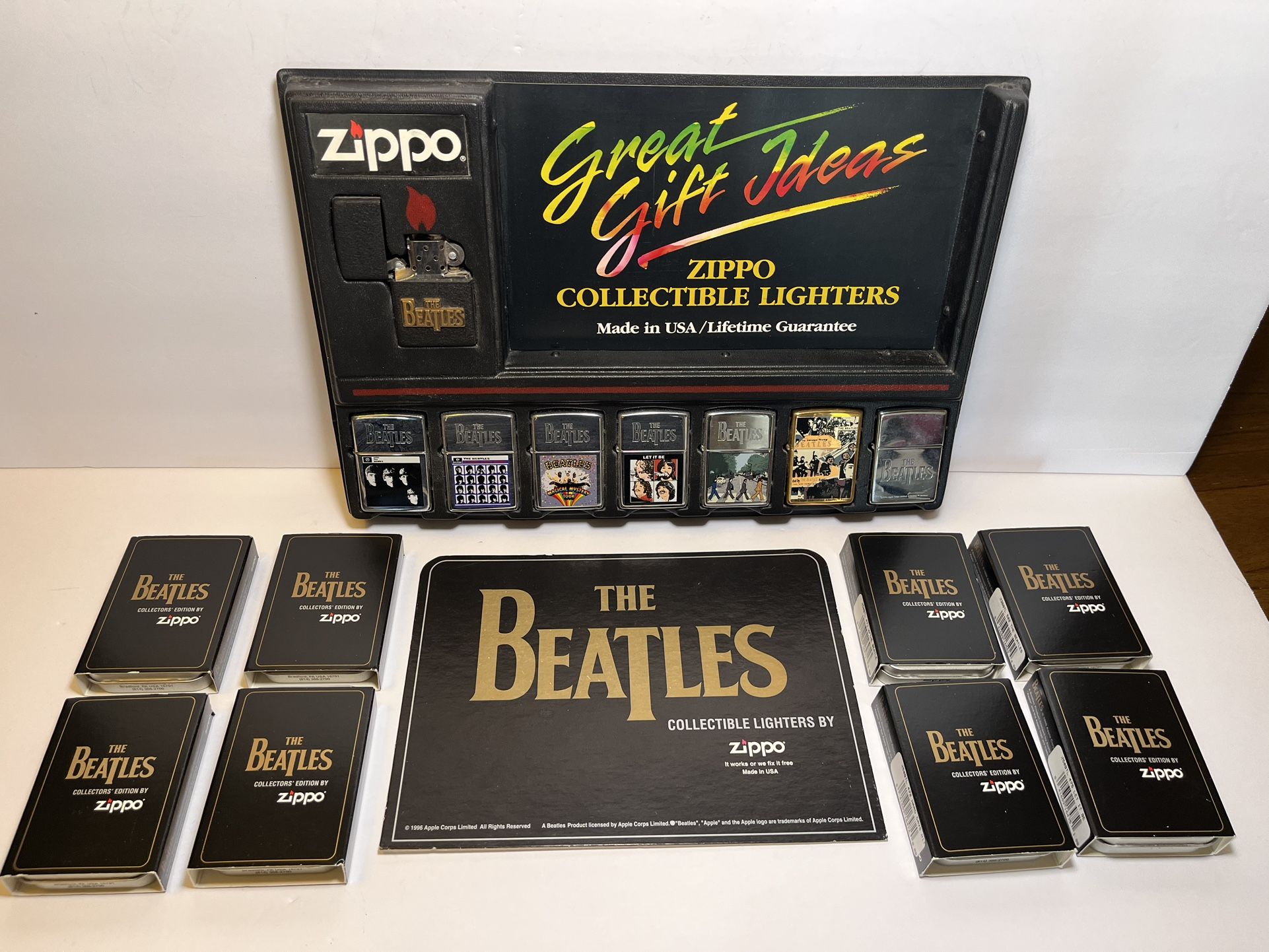 Vtg 1996 8 Pc Lot Zippo BEATLES Cigarette Lighter Collection w/Store Display NOS